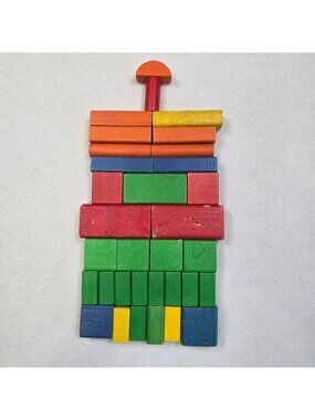 Vintage 1976 Playskool Wooden Building Blocks Assorted Shapes Colors 33 Pieces